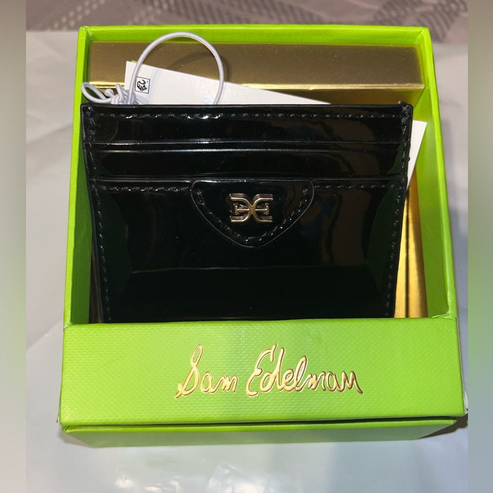 Sam Edelman Black Patent Card Holder with Gold Logo